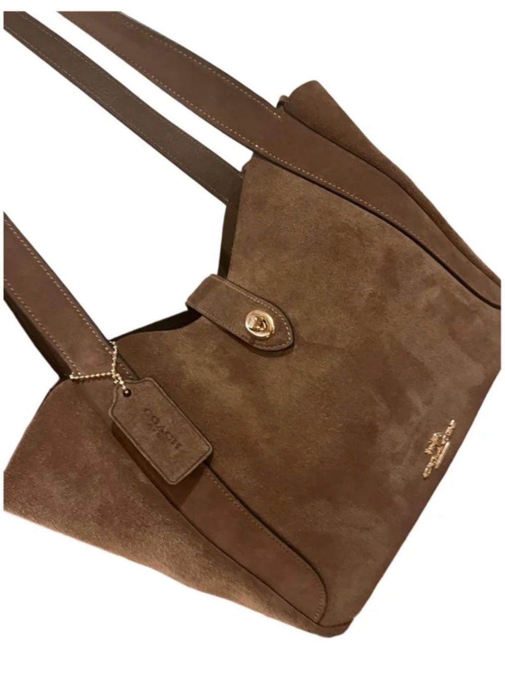 Coach Brown Hadley turned lock tote Suede Shoulder Bag with Gold-Tone Accents
